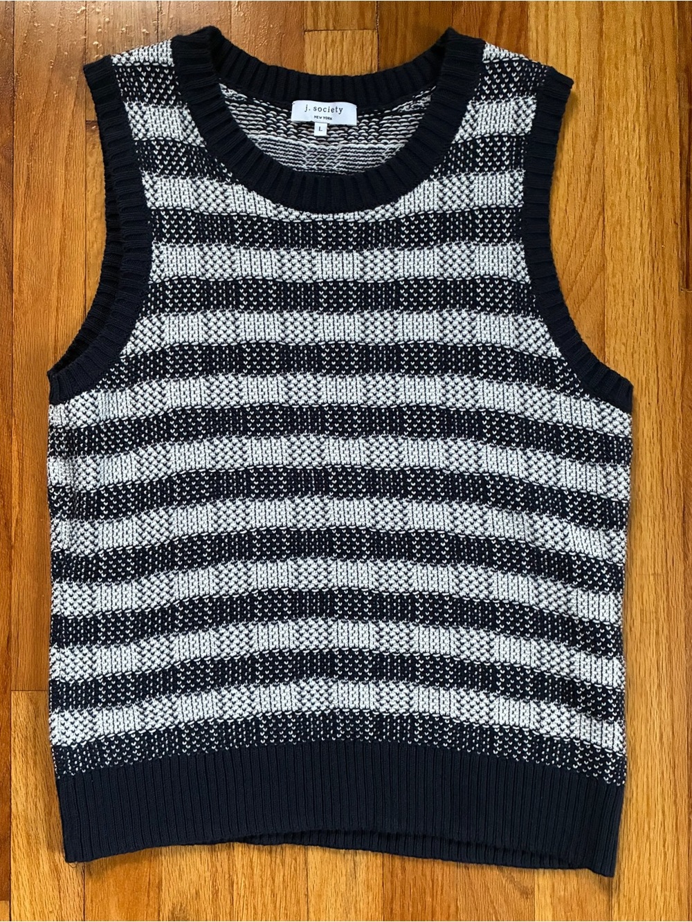 J. Society Navy White Striped Knit Crew Neck Sleeveless Sweater Vest Women’s L